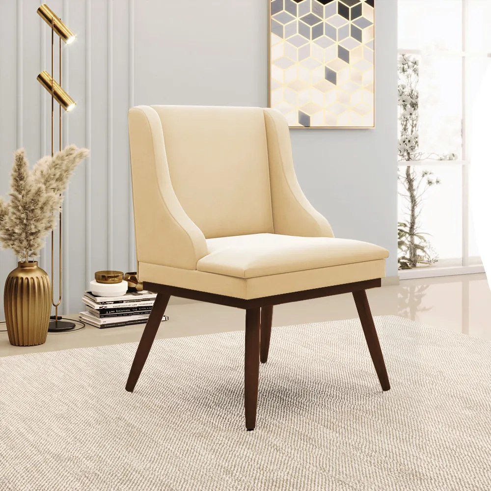 Kit 02 Cadeiras de Jantar Liz Suede Bege Base Fixa Madeira com Pés Palito Tabaco D03 - D'Rossi