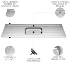 Pia de Cozinha com Cuba e Válvula Bali 200cm Aço Inox - Ghel Plus