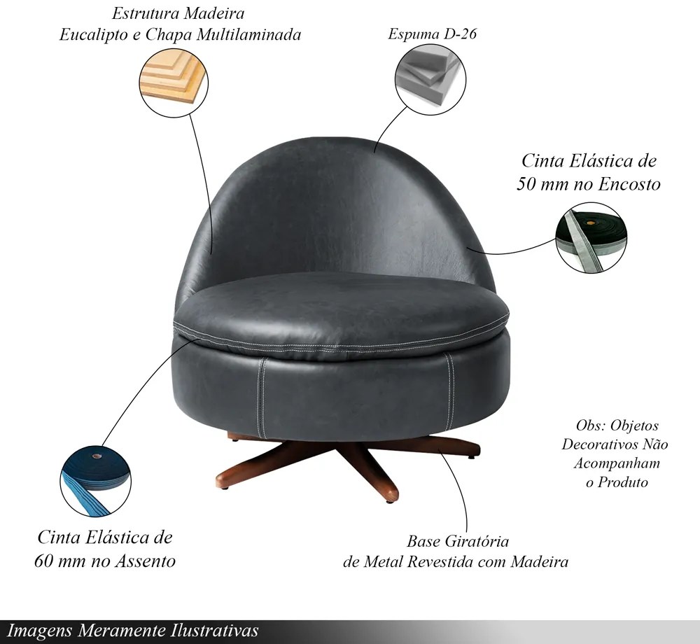 Poltrona Sala de Estar Giulio Base de Ferro Giratória PU Cinza G92 - Gran Belo