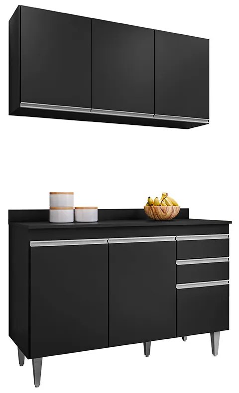 Conjunto Balcão de Cozinha Pursat com Tampo e Armário Aéreo MDP/BP Preto G96 - Gran Belo