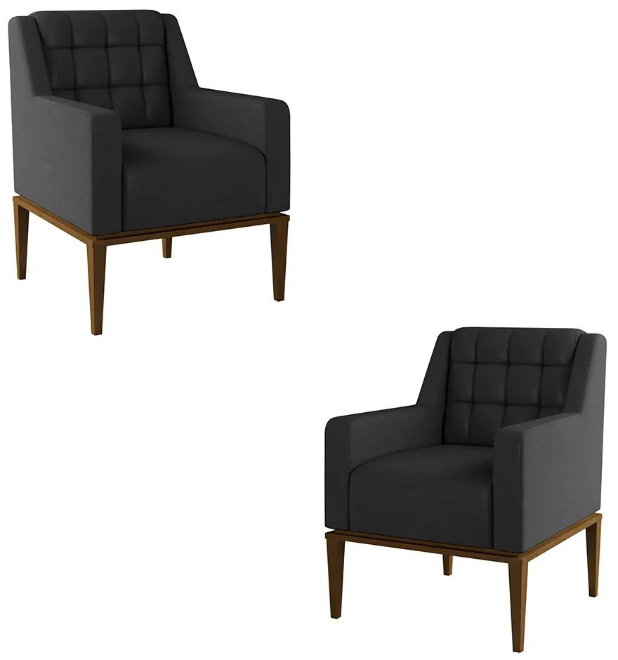 Kit 2 Poltronas Decorativas Sala de Estar Base Madeira Madonna PU Preto G52 - Gran Belo