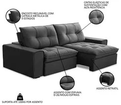 Sofá Retrátil Reclinável 3 Lugares 210cm Argon F05 Veludo Grafite - Mp