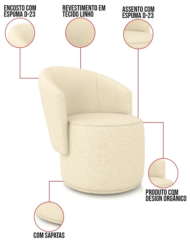 Poltrona Decorativa Orgânica Fixa para Sala kit 2 Malu Linho M11 - D'Rossi - Bege