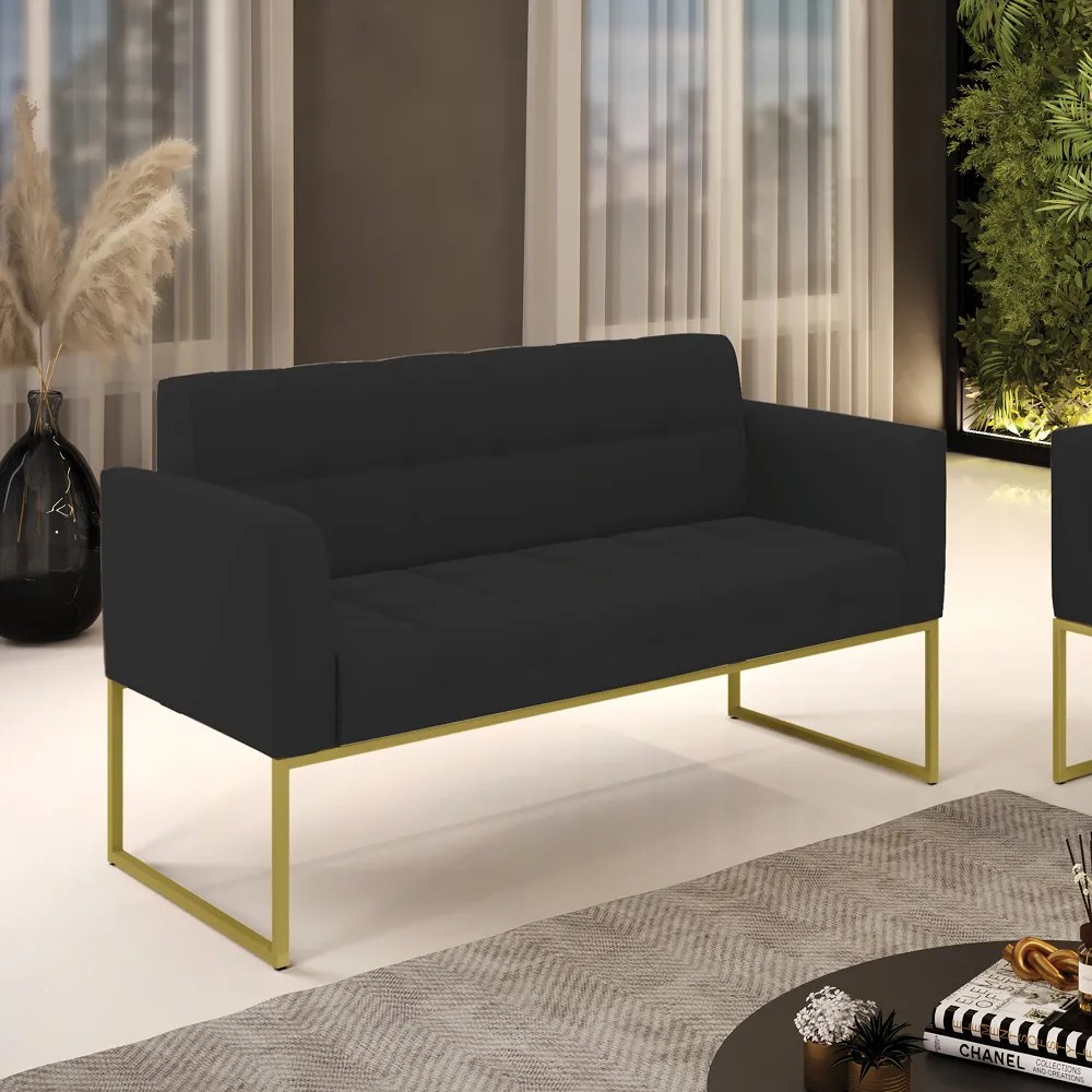 Sofá Namoradeira Elisa Veludo Preto Base Metálica Industrial Dourado - D'Rossi