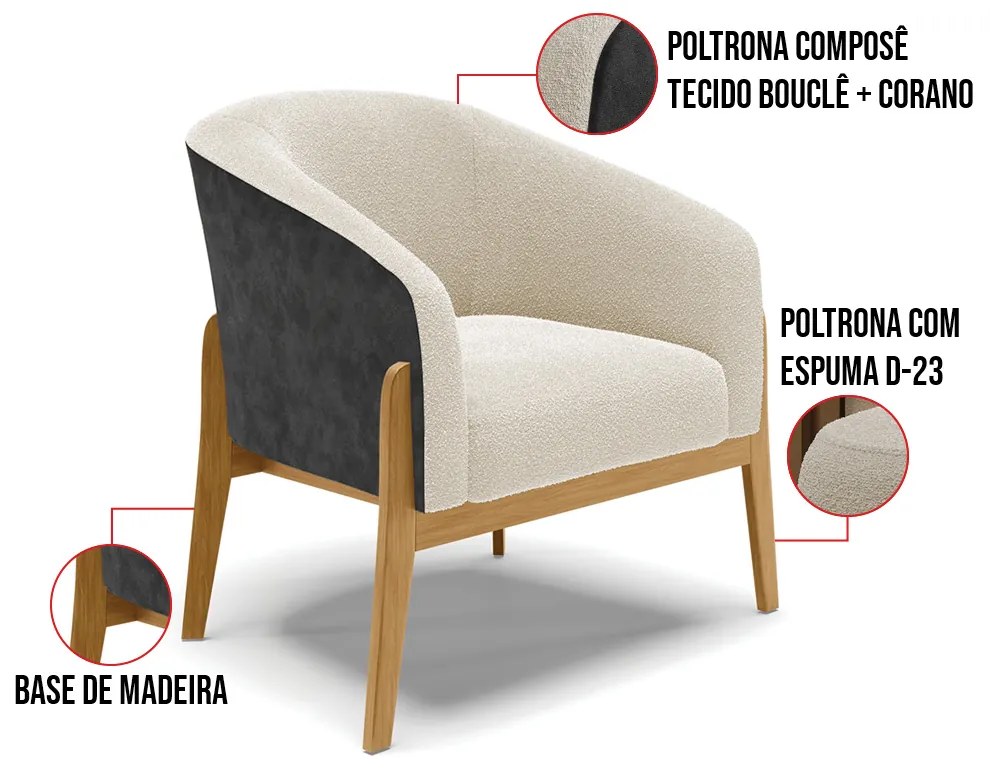 Poltrona Decorativa Base Madeira Kit 2 Stella PU Preto/Bouclê D03 - D'Rossi - Bege