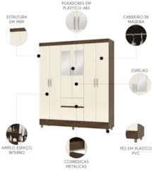 Guarda Roupa Solteiro 154cm Com Espelho Mayra Imbuia/Champanhe V02 - M