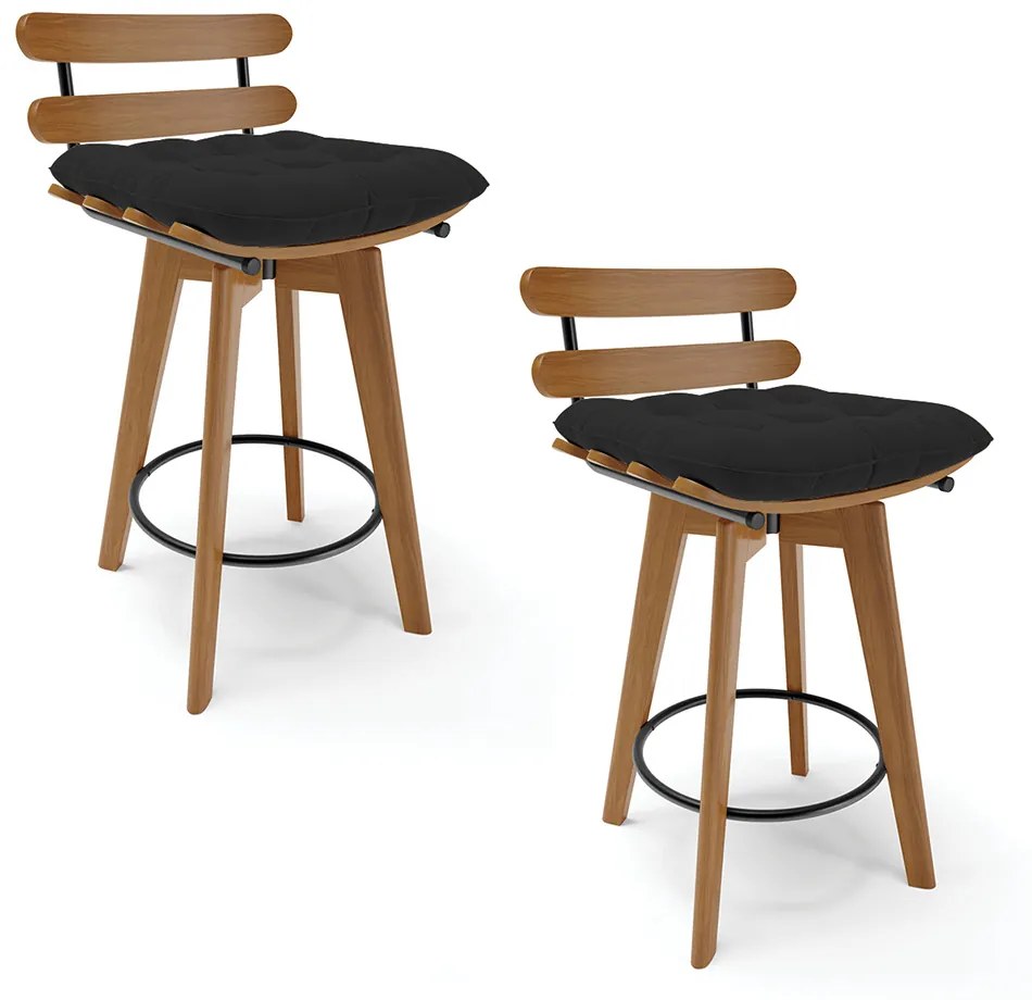kit 02 Banquetas Giratória Costela Veludo Preto Base Madeira MA70 - DRossi