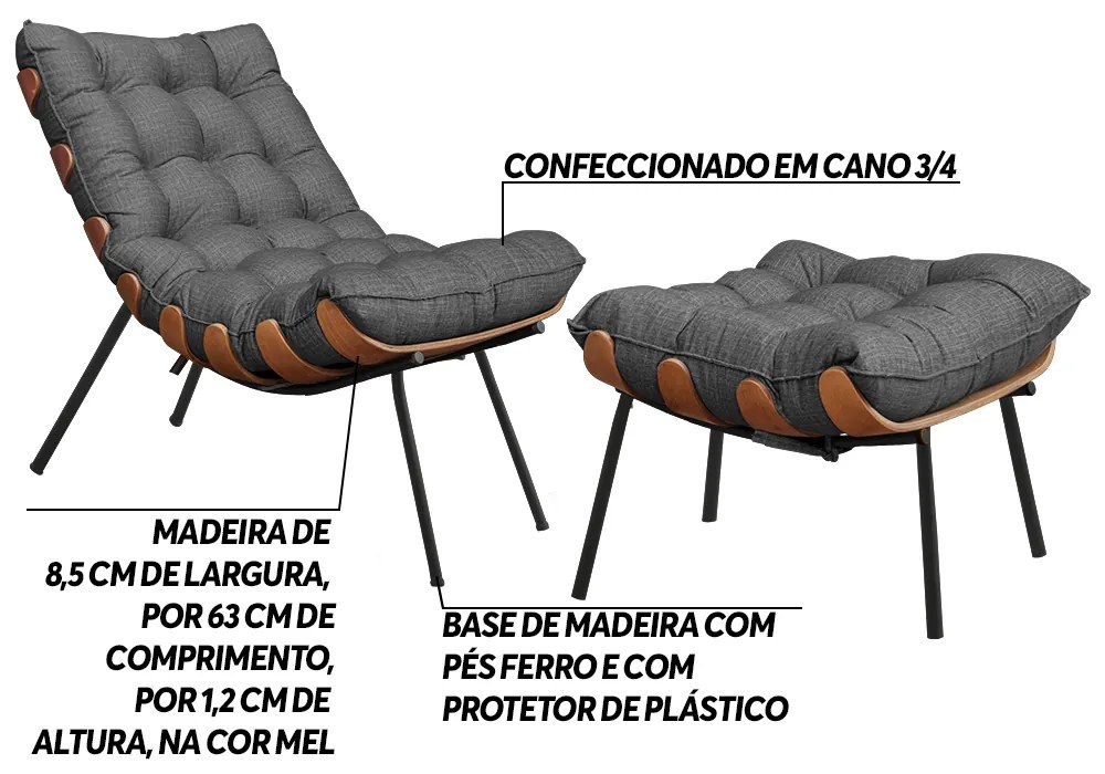 Conjunto Decorativo Poltrona e Puff Abel Base de Madeira Preto Linho Grafite G41 - Gran Belo