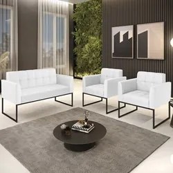 Sofá Namoradeira e 2 Poltronas Base Industrial Preto Ana Sintético Bra