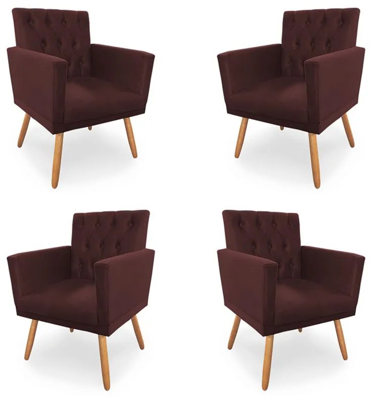 Kit 4 Poltronas Decorativas Clara Capitonê Pés Palito Suede Bordô - Sheep Estofados
