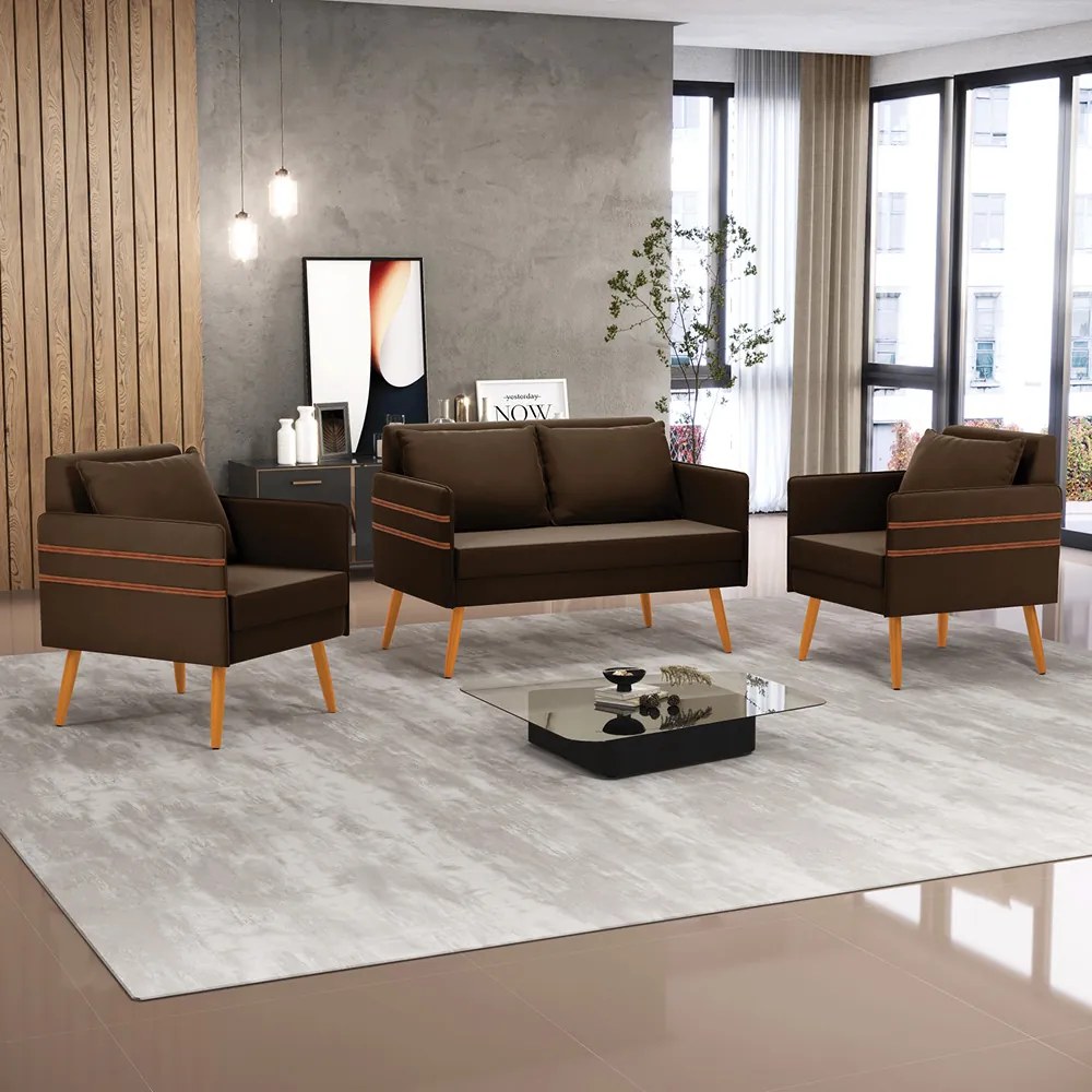 Kit 1 Namoradeira 02 Lugares e 2 Poltronas Mari Suede Marrom Pés Palito Castanho - D'Rossi