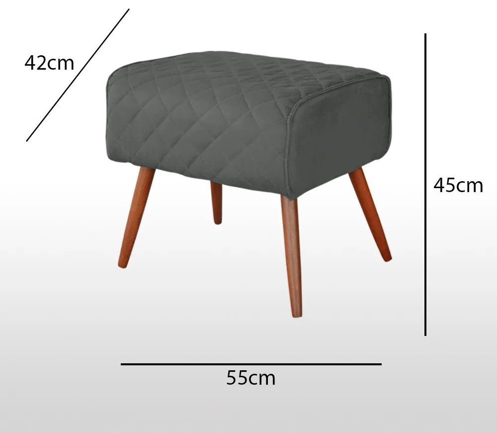Puff Veludo Matelassê Pés Palito Madeira Eucalipto Cinza