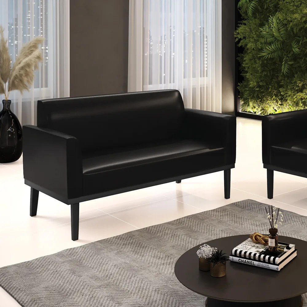 Poltrona Namoradeira Decorativa Isabella Pés Fixo em Madeira PU Preto Brilho G19 - Gran Belo