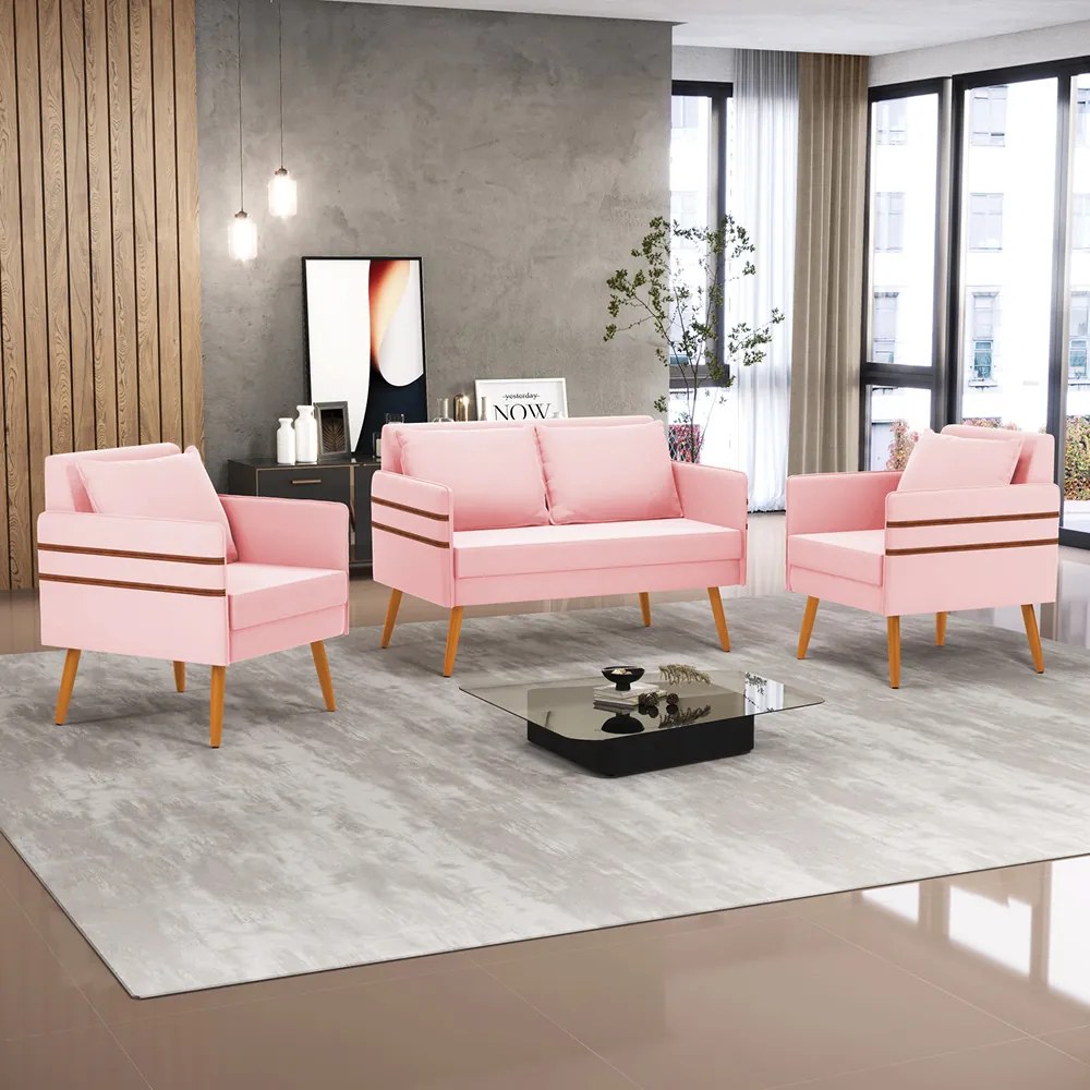 Kit 01 Namoradeira 02 Lugares e 02 Poltronas Mari Suede Pés Palito Castanho - D'Rossi - Rosa Bebê