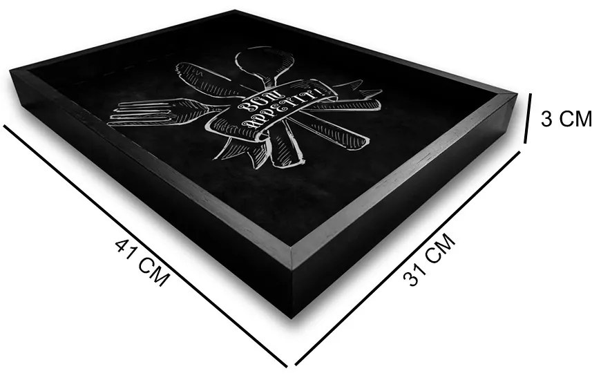 Bandeja Preta Com Gravura Impermeavel "Bon Appetit" 41x31x3cm - D'Rossi