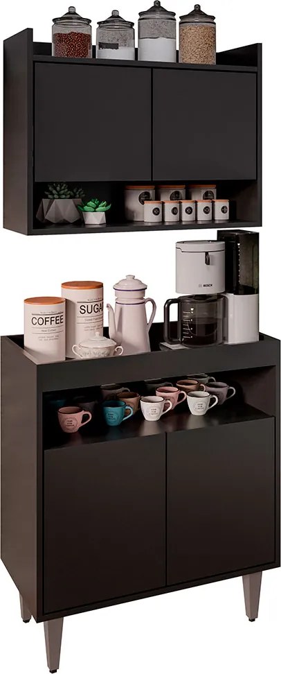 Conjunto Armário Cantinho do Café Chico 2 Portas com Aéreo Preto G96 - Gran Belo