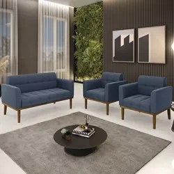 Sofá Namoradeira e 2 Poltronas Base Madeira Castanho Ana Suede Azul Ma
