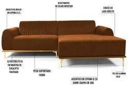 Sofá 350cm 6 Lugares com Chaise Direito Pés Gold Molino C-262 Veludo T