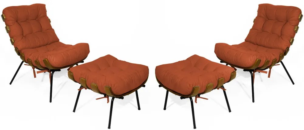 Kit 2 Poltronas Costela Com 2 Puff Costela Suede Telha