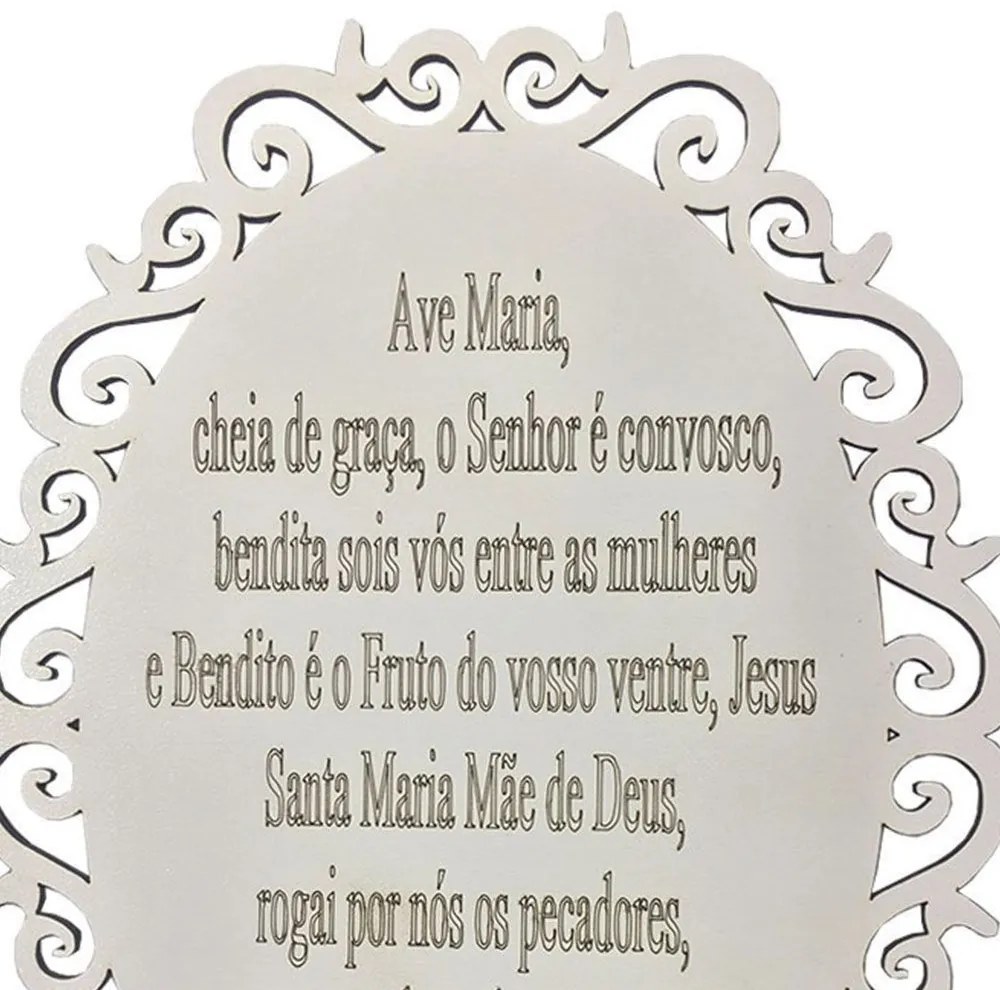 Placa Decorativa Oração Ave Maria Com Arabesco 25x19 cm MDF  Branco - D'Rossi