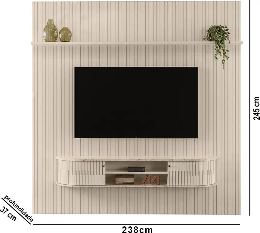 Painel TV 75 Pol 238cm Kalven e Bancada Suspensa Aurenzo M20 - D'Rossi - Calacata(brilho)/Off White(brilho)