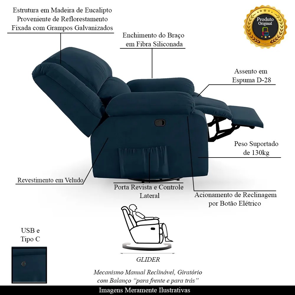 Poltrona do Papai Reclinável Sala de Cinema Madrid Glider Manual Giratória USB Veludo Azul G23