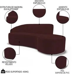 Sofá Living 4 Lugares 300cm Braço Esquerdo Mozart D06 Veludo Vermelho