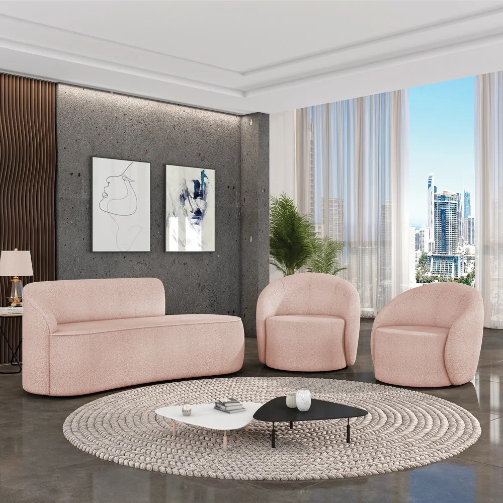Sofá 2 Lugares Orgânico 140cm Morgan e 2 Poltronas Lua Bouclê Rosê