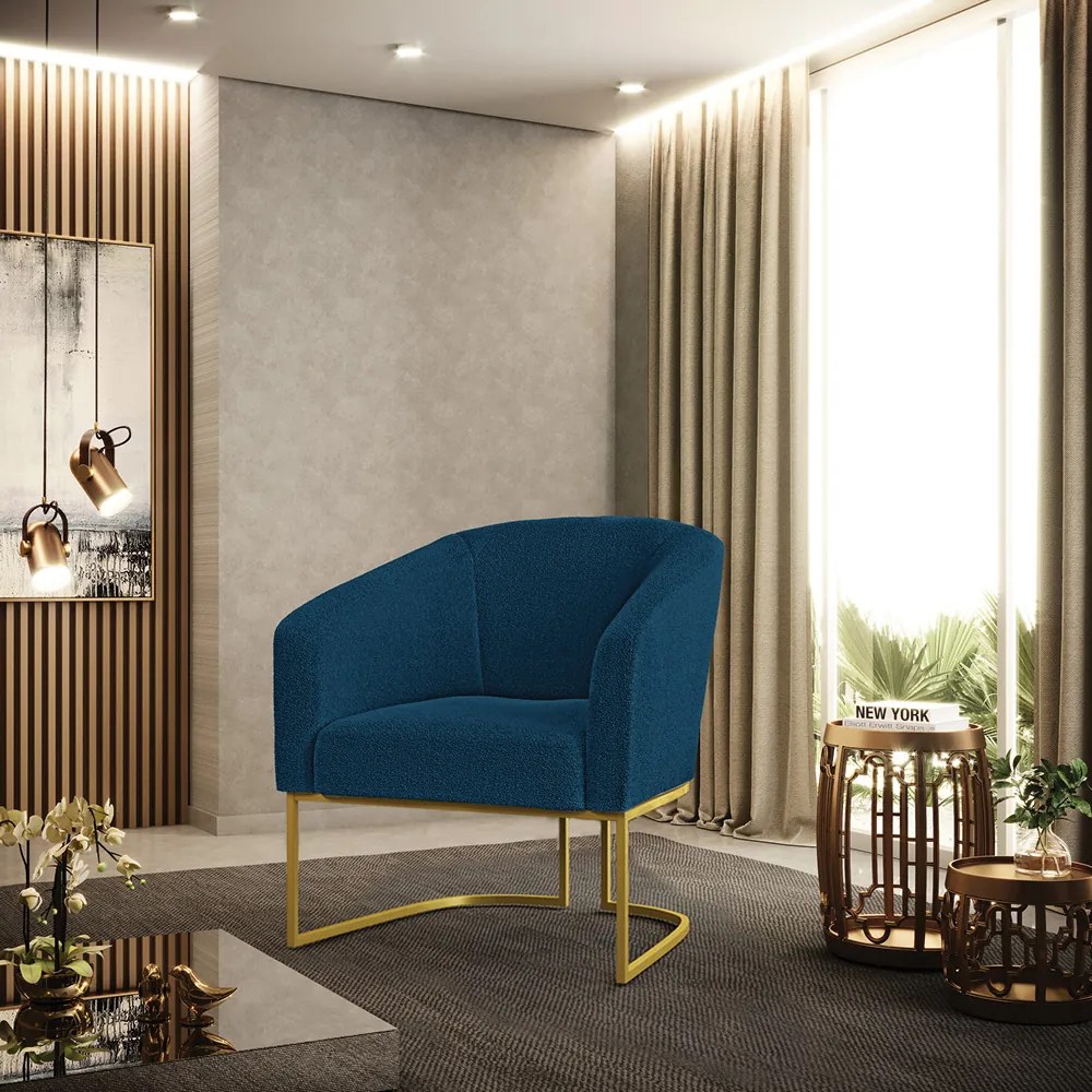 Poltrona Decorativa Industrial Dourado Stella Bouclê D03 - D'Rossi - Azul