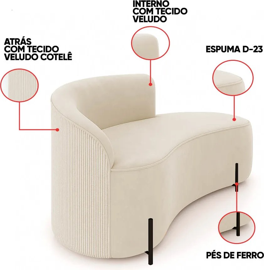 Sofá 2 Lugares Orgânico 160cm Pé Preto Morgan Veludo/Cotelê - Bege