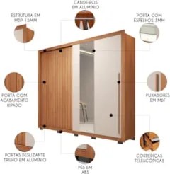 Guarda Roupa Casal 245cm 2 Portas Espelho Scipio Freijó/Off C01 - Mpoz