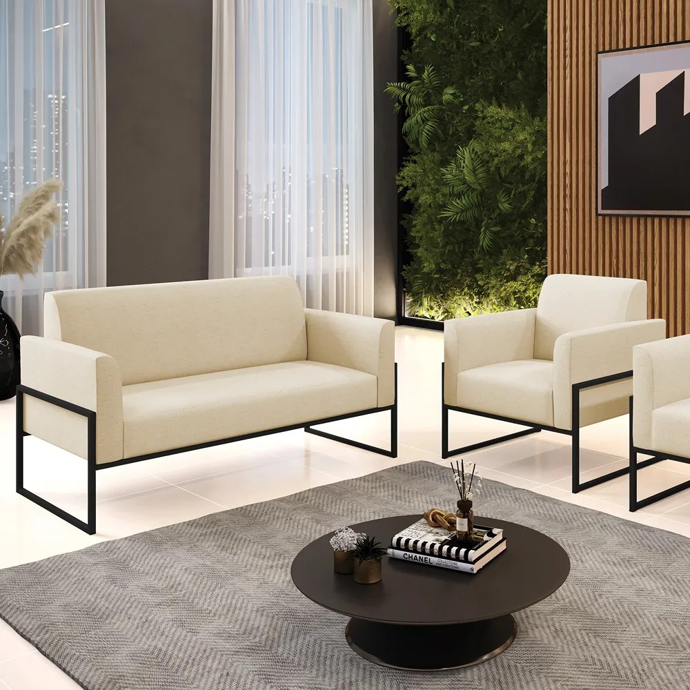 Sofá Namoradeira com Poltrona Base Industrial Alta Preto Marisa Linho D03 - DRossi - A19 Bege