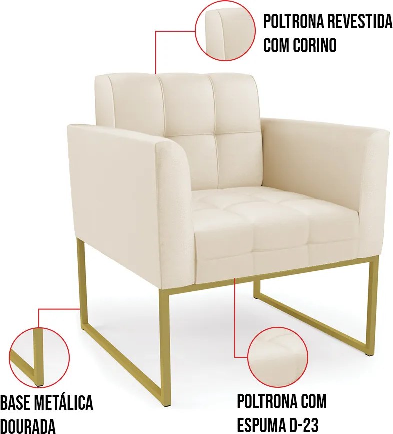 Kit 2 Poltronas Elisa Corino Base Metálica Industrial Dourado D03 - D'Rossi - Bege