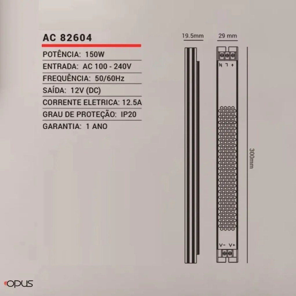 Fonte Slim 150W 12,5A 12V/dc Bivolt Ip20 | Opus Ac 82604