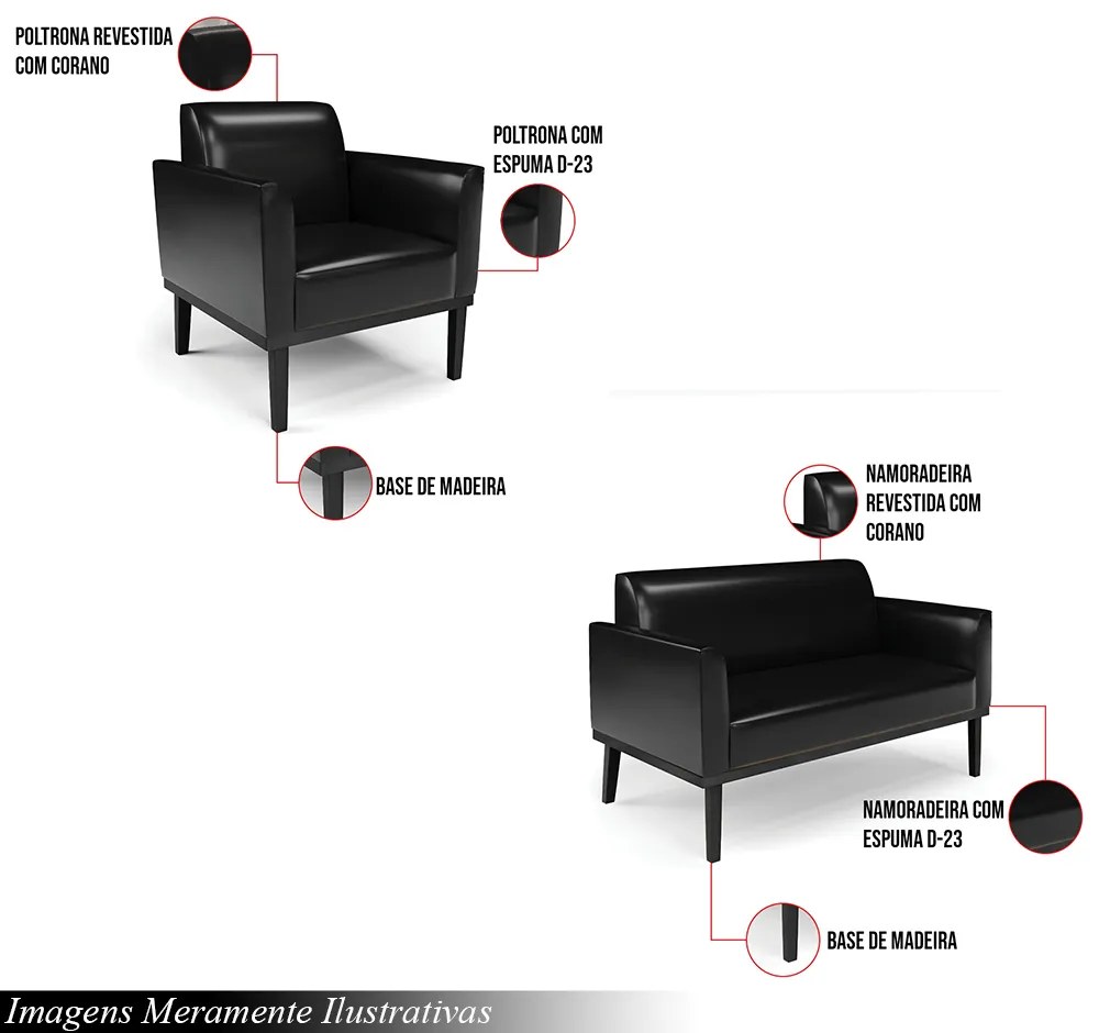 Conjunto 2 Poltronas e 1 Namoradeira Decorativa Isabella Pés Fixo em Madeira PU Preto Brilho G19 - Gran Belo