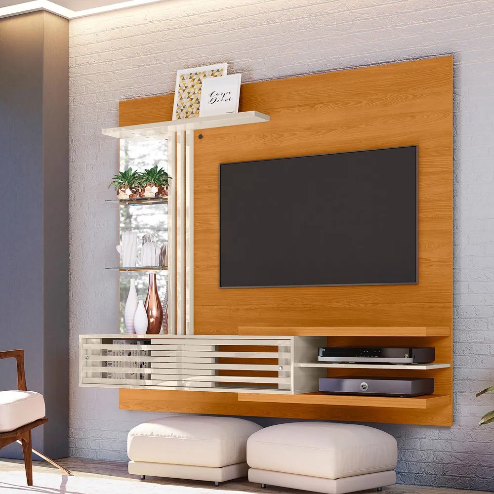 Painel TV 55 Pol 182cm Bancada Suspensa para Sala Romelli M20 - D'Rossi - Cinamomo e Off White