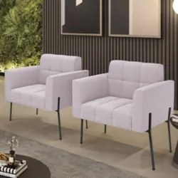 Poltrona Para Sala Pé Metal Preto Kit 2 Ana Bouclé Rosê - Ibiza