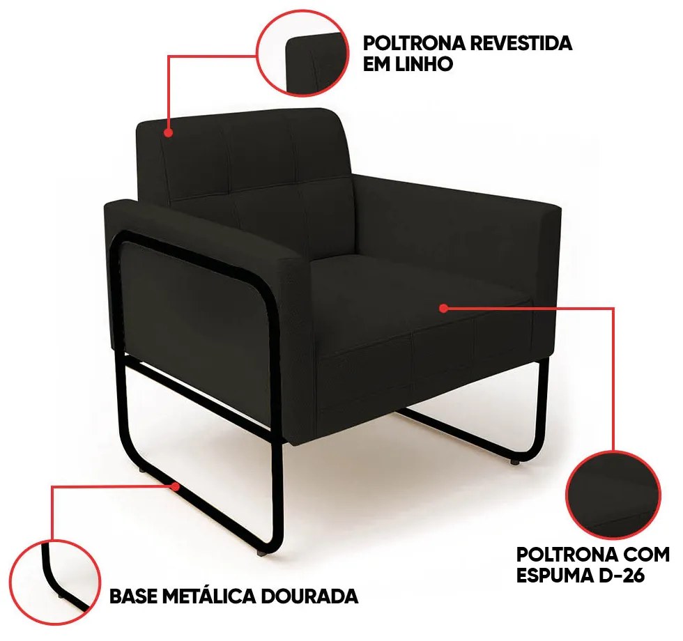Poltrona Sala Industrial Alta Tubo Preto Elisa Linho D03 - D'Rossi - Preto
