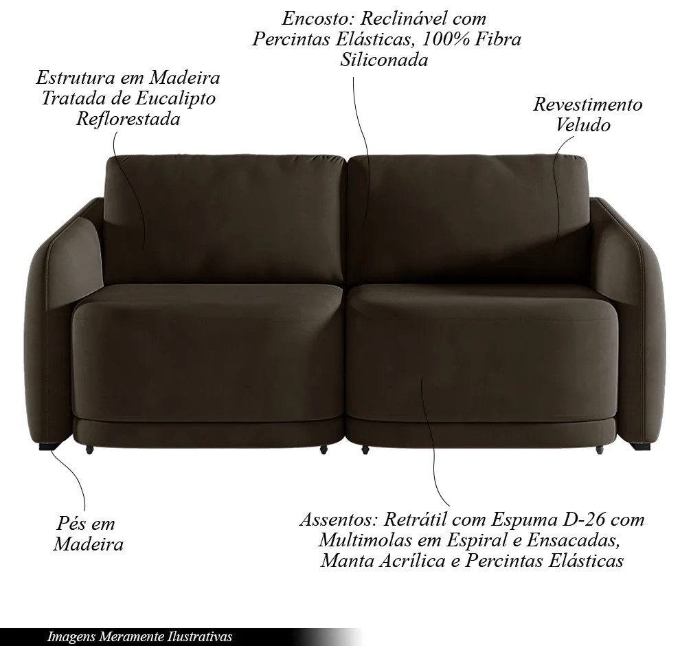 Sofá Cama Modulado Retrátil e Reclinável Decorativo Varsóvia 176cm Veludo Marrom G33 - Gran Belo