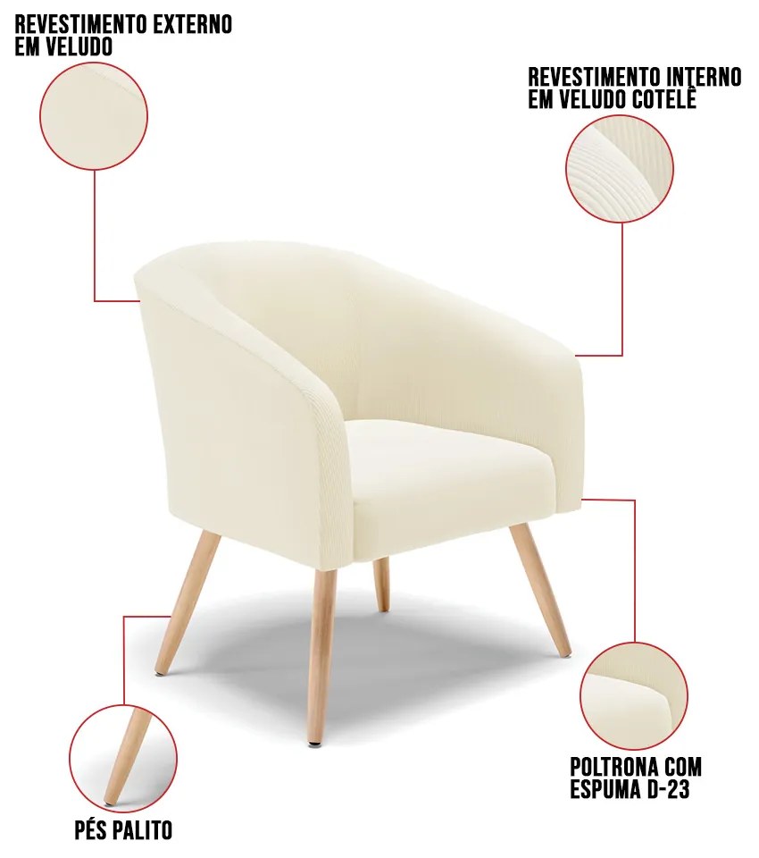 Poltrona Decorativa Pé Palito Natural Kit 2 Stella Cotelê Int/Veludo D03 - D'Rossi - Off White