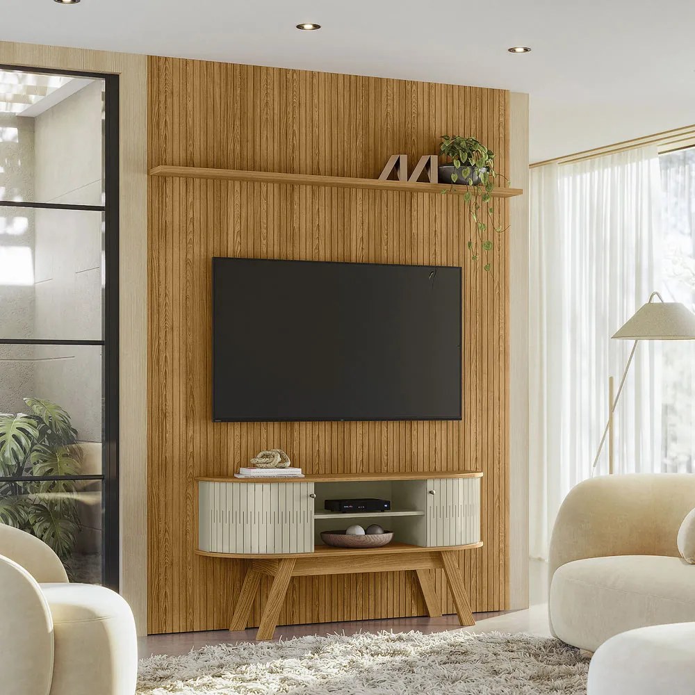 Conjunto Painel e Bancada Troia 2 Portas Deslizantes MDP Pintura UV até 65 Cumaru/Opala G97 - Gran Belo
