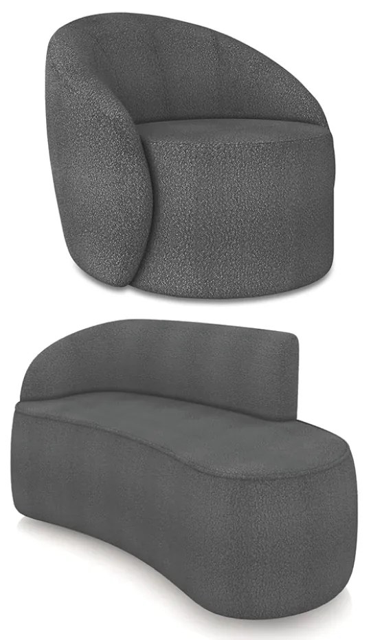 Sofá 2 Lugares Orgânico 140cm Morgan e Poltrona Lua Bouclê Grafite D03 - D'Rossi