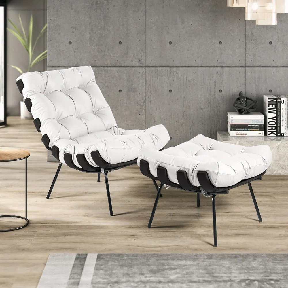 Puff Decorativo Sala de Estar Costela Base Preta Couro Branco G34 - Gran Belo