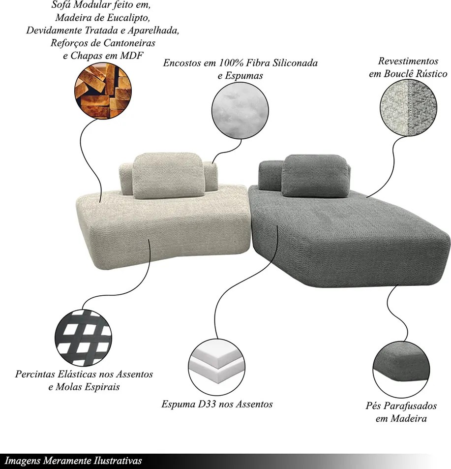 Sofá Ilha Sala de Estar Modulado Dakota com Chaise Encosto Almofadas Soltas Bouclê Rústico Greige/Cinza G33 - Gran Belo