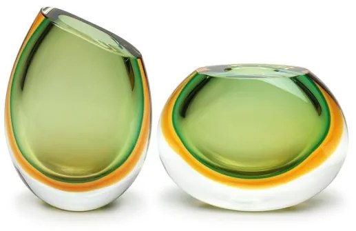 Par de Vasinhos 92 e 96 Bicolor Verde com Âmbar Murano Cristais Cadoro