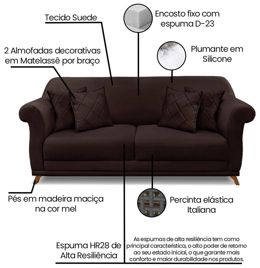 Sofá 2 Lugares Pé de Madeira Julieta 160 cm Suede S04 - D'Rossi - Café