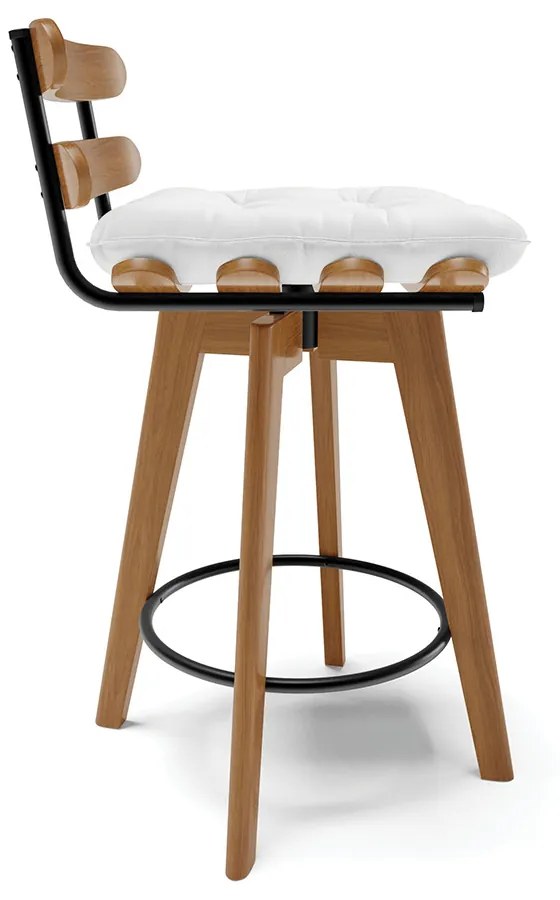 kit 02 Banquetas Giratória Costela Corino Branco Base Madeira MA70 - DRossi