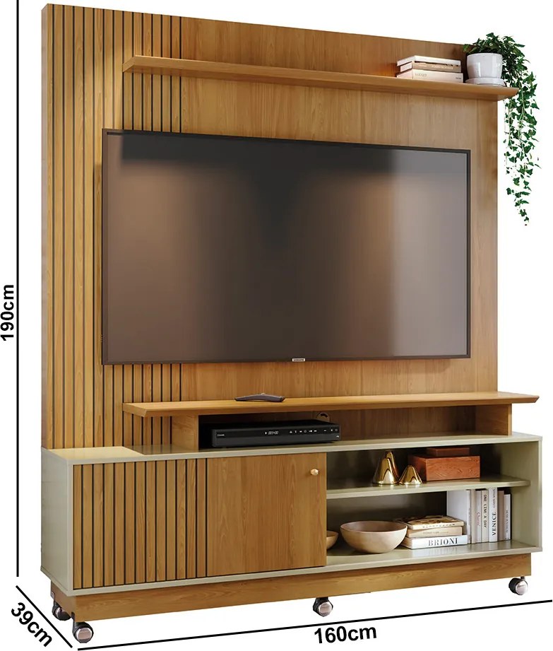 Estante de TV 65 Pol 160cm com Rodízio para Sala Quirel Cumaru/Opala M20 - D'Rossi