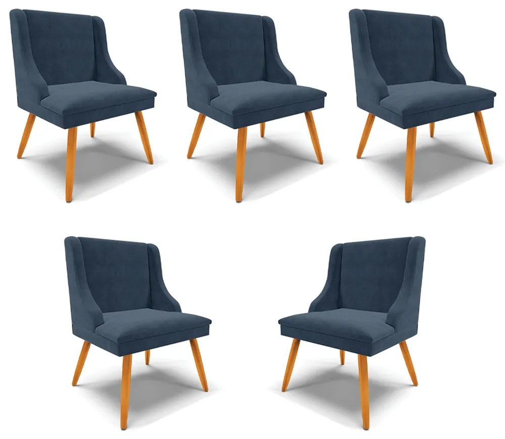 Kit 5 Cadeiras Decorativas Sala de Jantar Pés Palito de Madeira Firenze Suede Azul Marinho/Natural G19 - Gran Belo