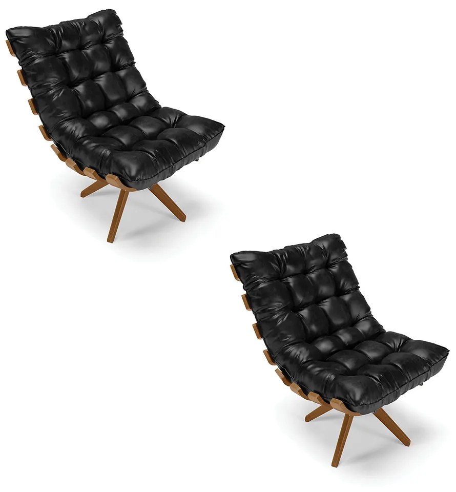 Poltrona Giratoria Costela Kit 2 Sintético PU Preto Base de Madeira MA30 M11 - D'Rossi